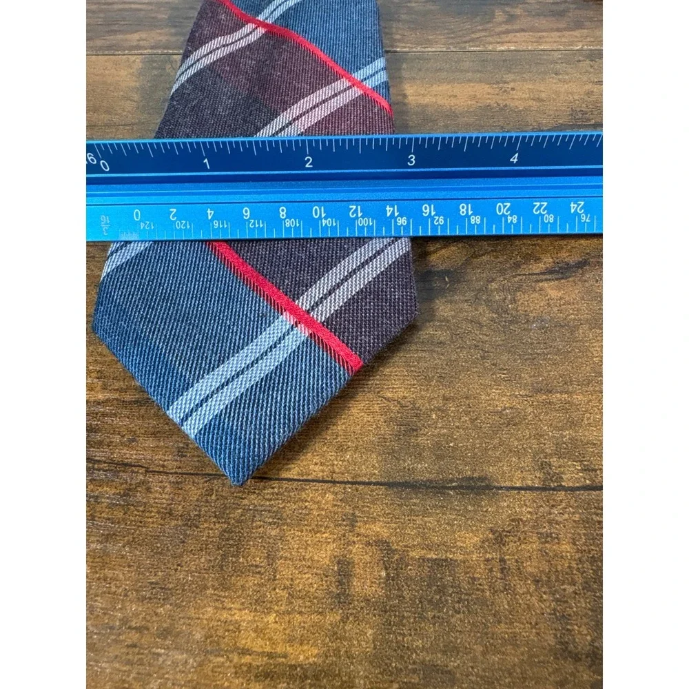 Michael Kors Mens Silk Blend Plaid Necktie Blue Burgundy Red Stripe 3 Inch Width